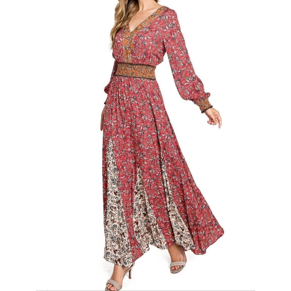 LOVESTITCH Bohemian Floral Smocked Waist Maxi Dress Red V-Neck Long Sleeve Small